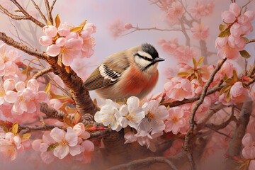 Wall Mural - Bird on cherry blossoms tree branch.