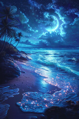 The Moon Night And Sea. Fiction. Concept Art. Realistic Illustra