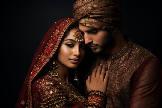Portrait made with generative AI of young indian bride and groom wearing traditional saree