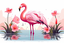 Pink Flamingo With Flowers And Leaves On Light Background.