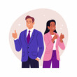 Successful business people. Vector cartoon flat illustration of young smiling man and woman in business suits with thumbs up. Isolated on the background.