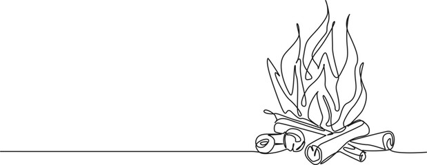 continuous single line drawing of campfire, line art vector illustration