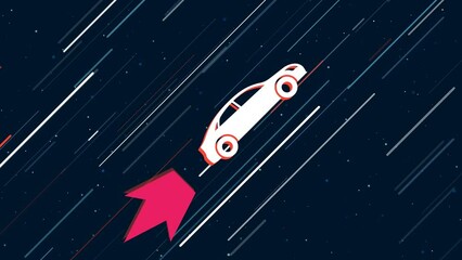 Poster - Car symbol flies through the universe on a jet propulsion. The symbol in the center is shaking due to high speed. Seamless looped 4k animation on dark blue background with stars