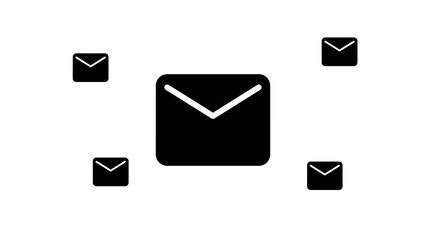 Poster - Zoom in and out animation the email symbol. Large black symbol in the center and four small symbols around. Seamless looped 4k animation on white background