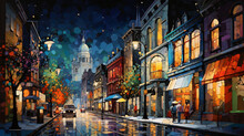 Colorful Painting Of Night Street Illustration Cityscape