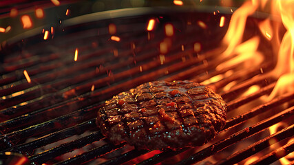 Cooking hamburger on a barbecue grill with flames, closeup