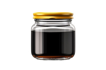 a glass jar with black liquid on a white background