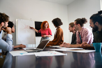 Wall Mural - Diverse startup people on meeting having fun during brainstorming new ideas for their new project.