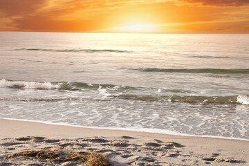  On the coast of the Baltic Sea at sunset. Waves roll onto the sandy beach. Nature