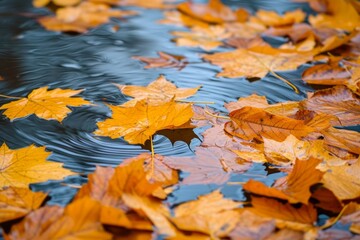 Poster - Colorful fall leaves in pond lake water, floating autumn leaf.