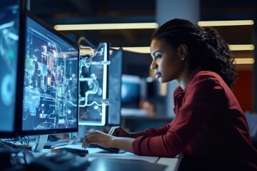 Data scientists work in a modern office of a technology company. The concept of business, science, technology and architecture.