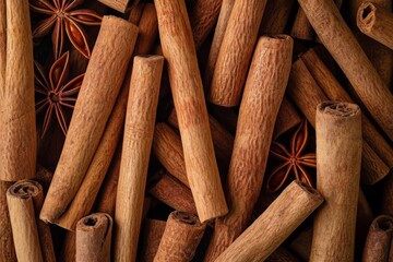 Wall Mural - Cinnamon background. Pile of cinnamons stick top view.