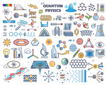 Quantum Physics Elements With Particle Property Study Outline Collection, Transparent Background. Items Set With Matter And Energy Research In Fundamental Level Illustration.