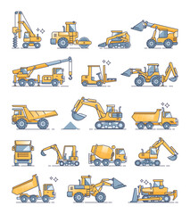 Construction machines and heavy machinery outline collection set, transparent background. Industrial hydraulic vehicles for land scooping with shovels, lifting with cranes and digging.