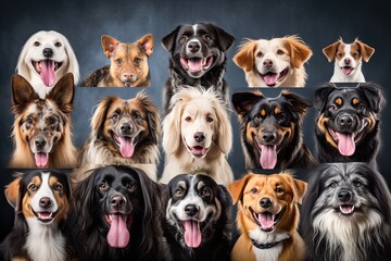 Aufkleber - Dogs of different breeds collage. Cute doggies or pets are looking happy isolated on colorful or gradient background. Studio photoshoots. Flyer for your ad, Generative ai