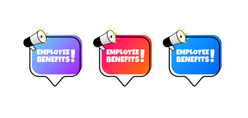 Poster - Employee benefits bubbles. Flat, color, bubbles with loudspeaker, employee benefits signs. Vector icons
