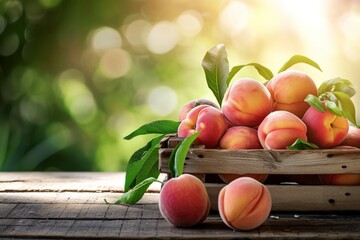 Sticker - Fresh peaches in a wooden box on a table, blurred nature background