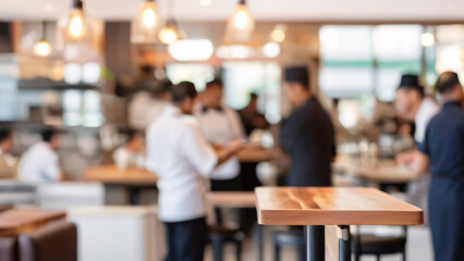 Wall Mural - Blurred coffee shop or cafe restaurant, Blurred restaurant background with some people and chefs and waiters working.