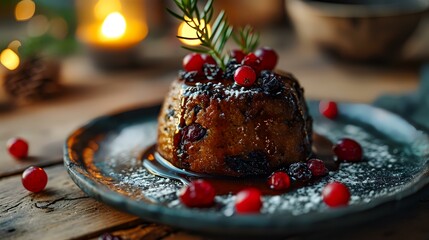 Wall Mural - Christmas pudding with cranberries on a rustic wooden background, selective focus.