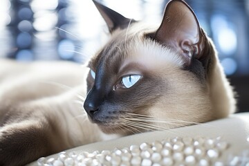 Sticker - portrait of a cat with eyes. The muzzle of a Siamese, purebred cat. Side view.