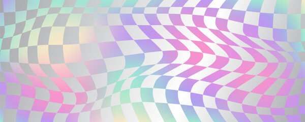 Wall Mural - Checkerboard wavy pattern. Abstract holographic chessboard vector print. Y2k psychedelic optical foil grid. Swirl rainbow geometric retro design