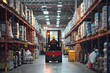 Photo of a man operating a forklift in a busy warehouse