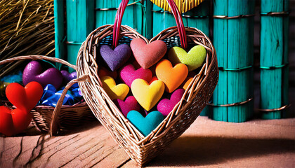 Colorful hearts in a basket on a wooden background. Valentine's Day.