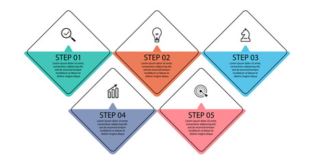 Aufkleber - business infographic 5 parts or steps, there are icons, text, numbers. Can be used for presentation banners, workflow layouts, process diagrams, flow charts, info graphics, your business presentations