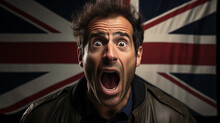 Man screaming in fear, great britain flag in background