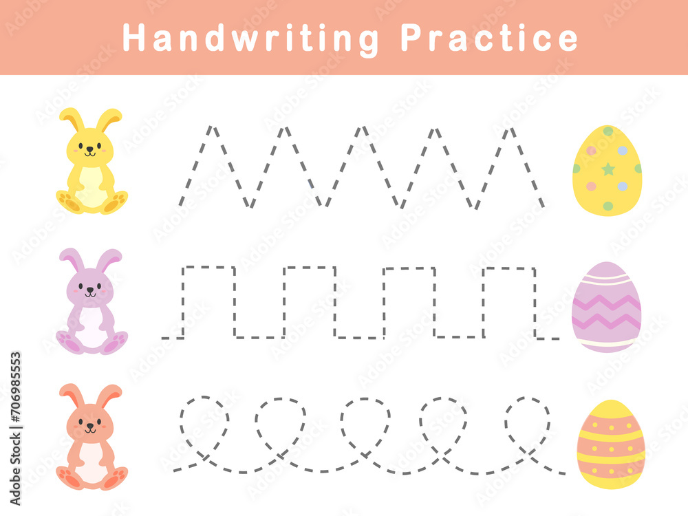 Handwriting practice sheet with cute bunny illustration . Basic writing ...