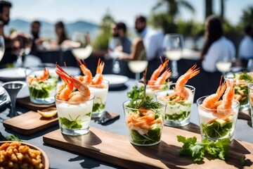 Wall Mural - Snack shrimp with salad served in glasses serving in cocktail party