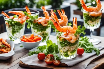 Wall Mural - Snack shrimp with salad served in glasses serving in cocktail party, food, appetizer from catering in rooftop wedding reception