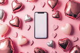 Fototapeta  - flat lay view of a mobile phone mockup surrounded by valentine heart shaped balloons