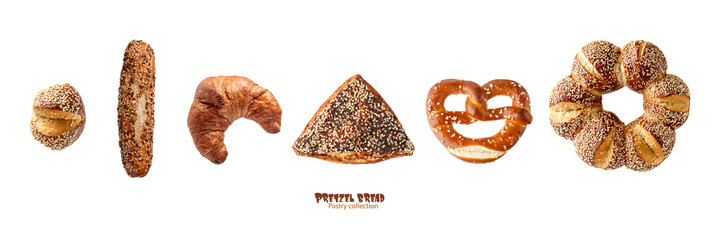 Wall Mural - Pretzel bread. Different lye rolls and buns. Pastry set isolated on white