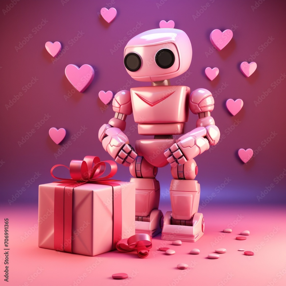 Cartoon robot character on ramon background with hearts, balloons and ...