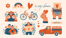 Set Of Cute Illustrations To Valentine's Day. Collection Of Simple Modern Clip Arts With Typewriter, Bicycle, Red Pickup Truck With Hearts, Cute Persons, Who Hugging, Holding Love Letter. Flat Design.