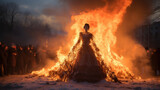 Fototapeta  - burning of a Maslenitsa straw effigy in a wreath, farewell to winter, carnival, bonfire, holiday, shrovetide, traditional pagan rite, folk festival, fire, flame, people, doll