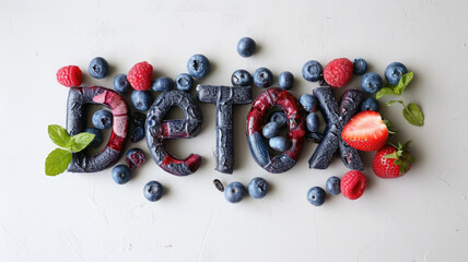 Wall Mural - word detox made from berries on a white background, healthy eating, smoothie, food, fruit, tasty treat, healthy breakfast, weight loss, diet, nutrition