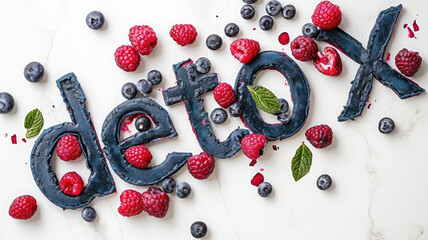 Wall Mural - word detox made from berries on a white background, healthy eating, smoothie, food, fruit, tasty treat, healthy breakfast, weight loss, diet, nutrition