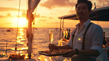 Asian Man Waiter Holding Champagne Glass On The Tray Serving To Group Of Passenger Tourist Travel On Luxury Catamaran Boat Yacht Sailing In The Ocean At Summer Sunset On Beach Holiday Vacation Trip.