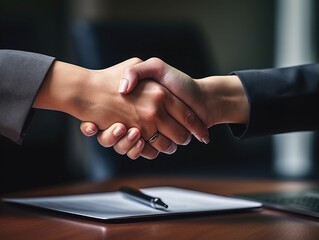 Happy mid aged business woman manager handshaking greeting client in office. Smiling female executive making successful deal with partner shaking hand at work standing at meeting table, 