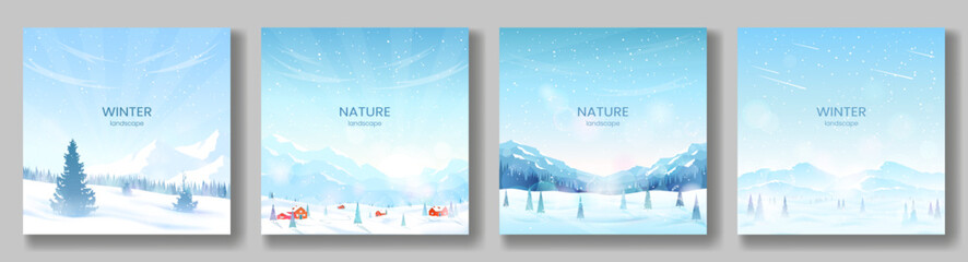 Wall Mural - winter landscapes. mountain ranges and coniferous forest, fir trees in snowdrifts, clear blue sky, s