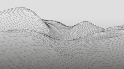 Poster - Vector wireframe 3d landscape. Technology grid illustration. Network of connected dots and lines. Futuristic background.