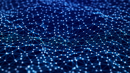 Fototapete - Network of bright connected dots and lines. Abstract dynamic wave of many points. Digital background. 3D rendering.