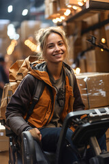 A woman moving pallet with a forklift in a warehouse. Female drive forklift in a big factory.