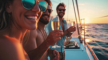 Group Of Diverse Friends Drink Champagne While Having A Party In Yacht. Attractive Young Men And Women Hanging Out, Celebrating Holiday Vacation Trip While Catamaran Boat Sailing During Summer Sunset.
