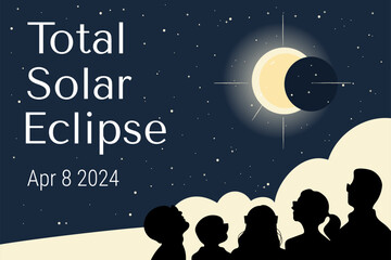 People in glasses watching solar eclipse. Hand drawn vector banner design. 