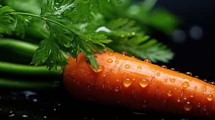 Wall Mural - Fresh and ripe orange carrots with leaves on dark wooden table. AI generated image