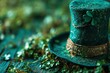 St. Patrick's Day background with shamrocks and green top hat. Saint Patrick's Day Concept with Copy Space.