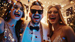 Nice-looking attractive lovely glamorous shine cheerful positive stylish smart ladies and gentlemen having fun festal celebratory in modern fashionable luxury place indoors
